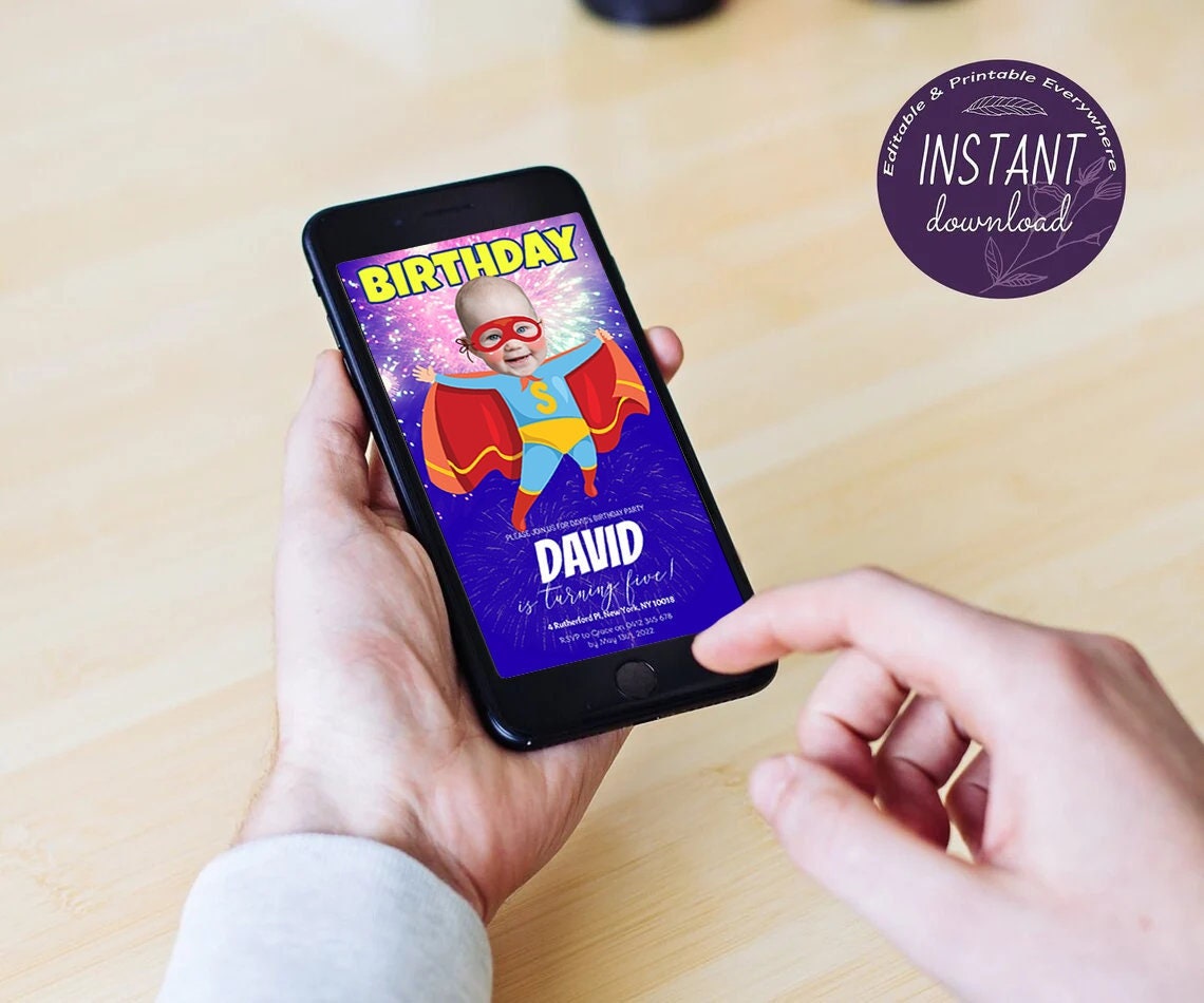 Editable Birthday Mobile Invitation Superkid | Personalized Mobile ...