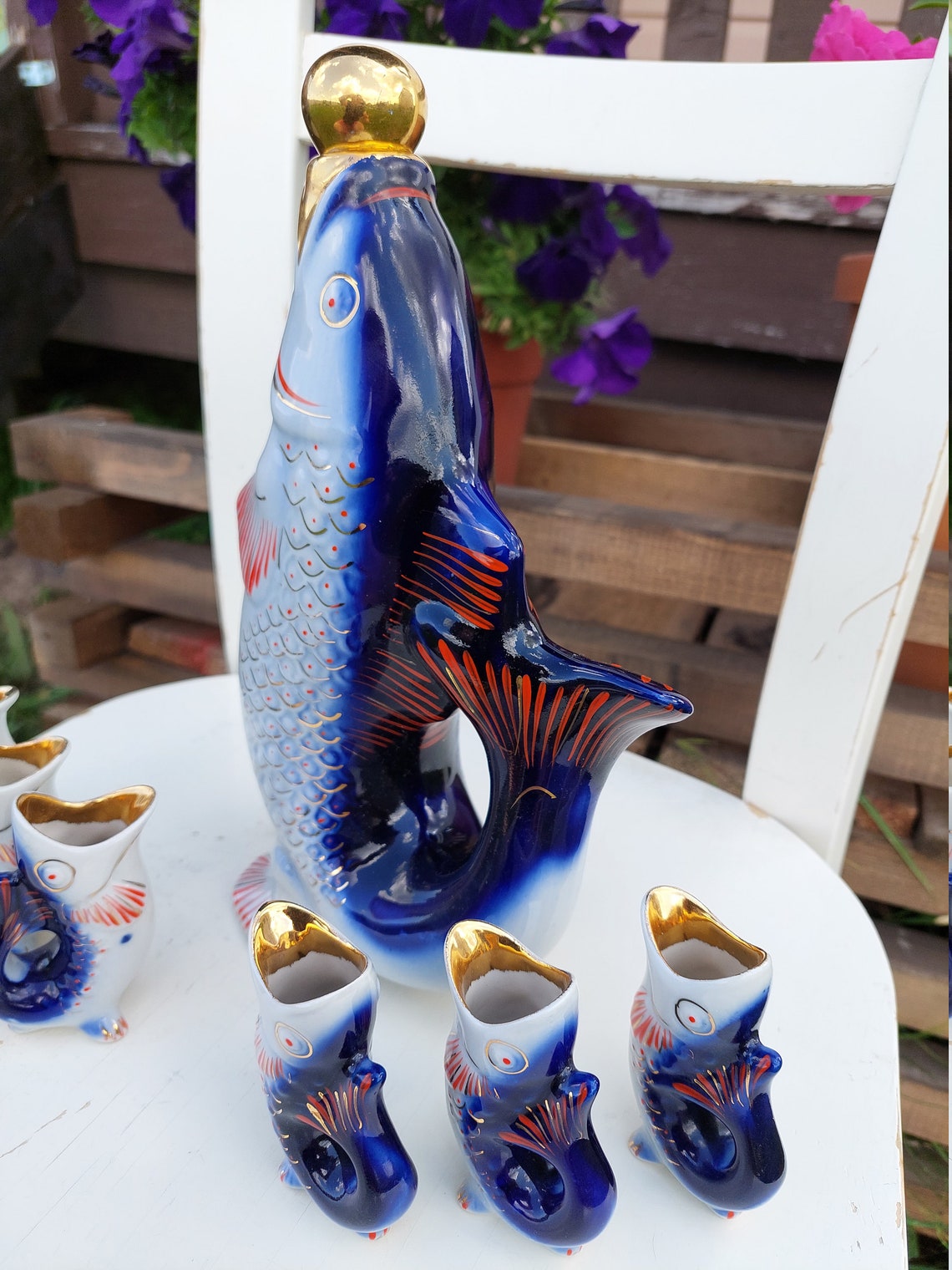 Porcelain fish. Vintage set drinking fish. Damask and 6 Etsy