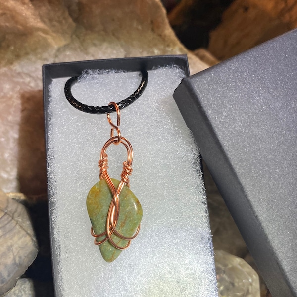 copper wire wrapped unusual green agate