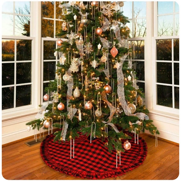 Jupe d’arbre de Noël à carreaux de buffle 120cm Décor Jupe d’arbre de Noël pour les décorations de tapis d’arbre de ferme de Noël de vacances