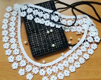 Retro Style Crochet Collar Necklace with Pearl Button | Handmade Detachable Peter Pan Lace Collar