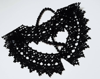 Black Crochet Lace Collar with a Black Button | Peter Pan Crochet Collar Necklace | Detachable Black Crochet Collar