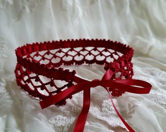 Dark Red Crochet Choker | Burgundy Shade Victorian Style Lace Necklace Choker