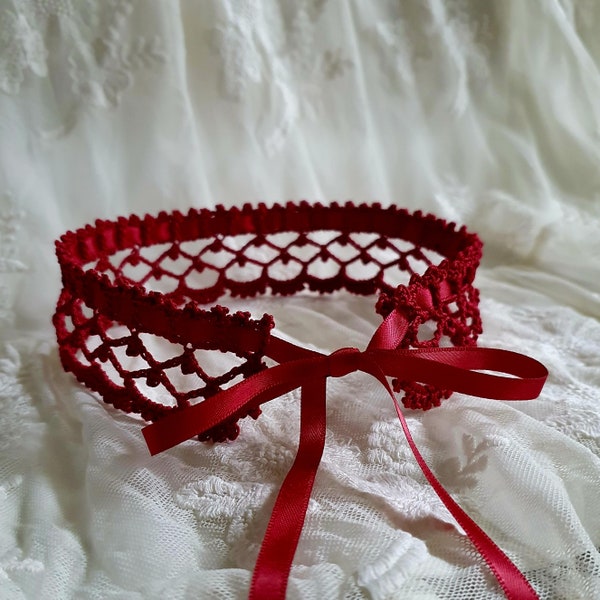 Dark Red Crochet Choker | Burgundy Shade Victorian Style Lace Necklace Choker