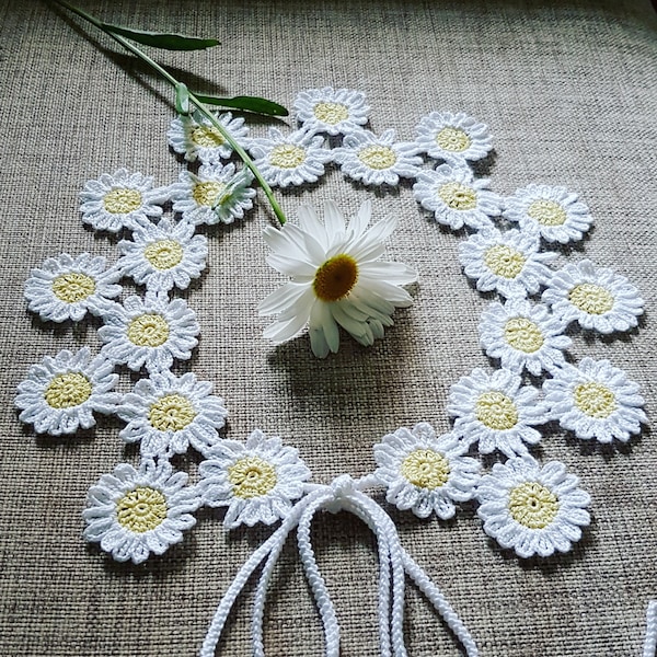 Collier crochet marguerite | Collier marguerite blanche fait main avec ruban crochet irlandais réglable