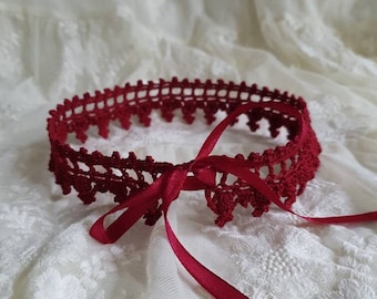 Burgundy Crochet Choker: Handmade Lace Collar with Satin Ribbon
