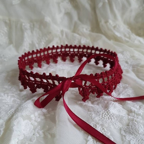 Burgundy Crochet Choker: Handmade Lace Collar with Satin Ribbon