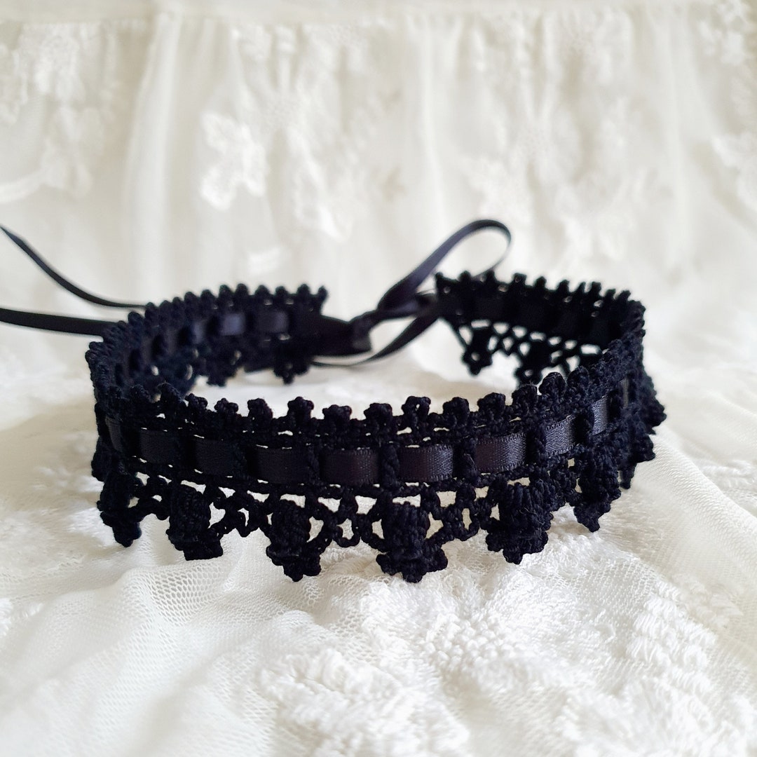 Black Lace Crochet Choker With Black Satin Ribbon - Etsy