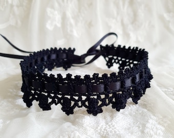 Black Lace Crochet Choker with Black Satin Ribbon