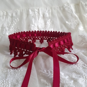 Dark Red Lace Crochet Choker with Satin Ribbon, Burgundy Shade Crochet Choker