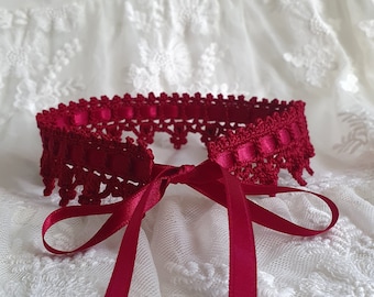 Dark Red Crochet Lace Choker: Victorian Style Satin Ribbon