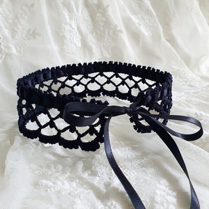 Black Crochet Choker with Satin Ribbon | Adjustable Lace Cotton Choker | Victorian Style Crochet Choker