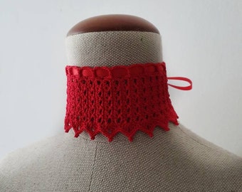 Red Crochet Choker with Satin Ribbon | Adjustable Wide Cotton Choker Necklace