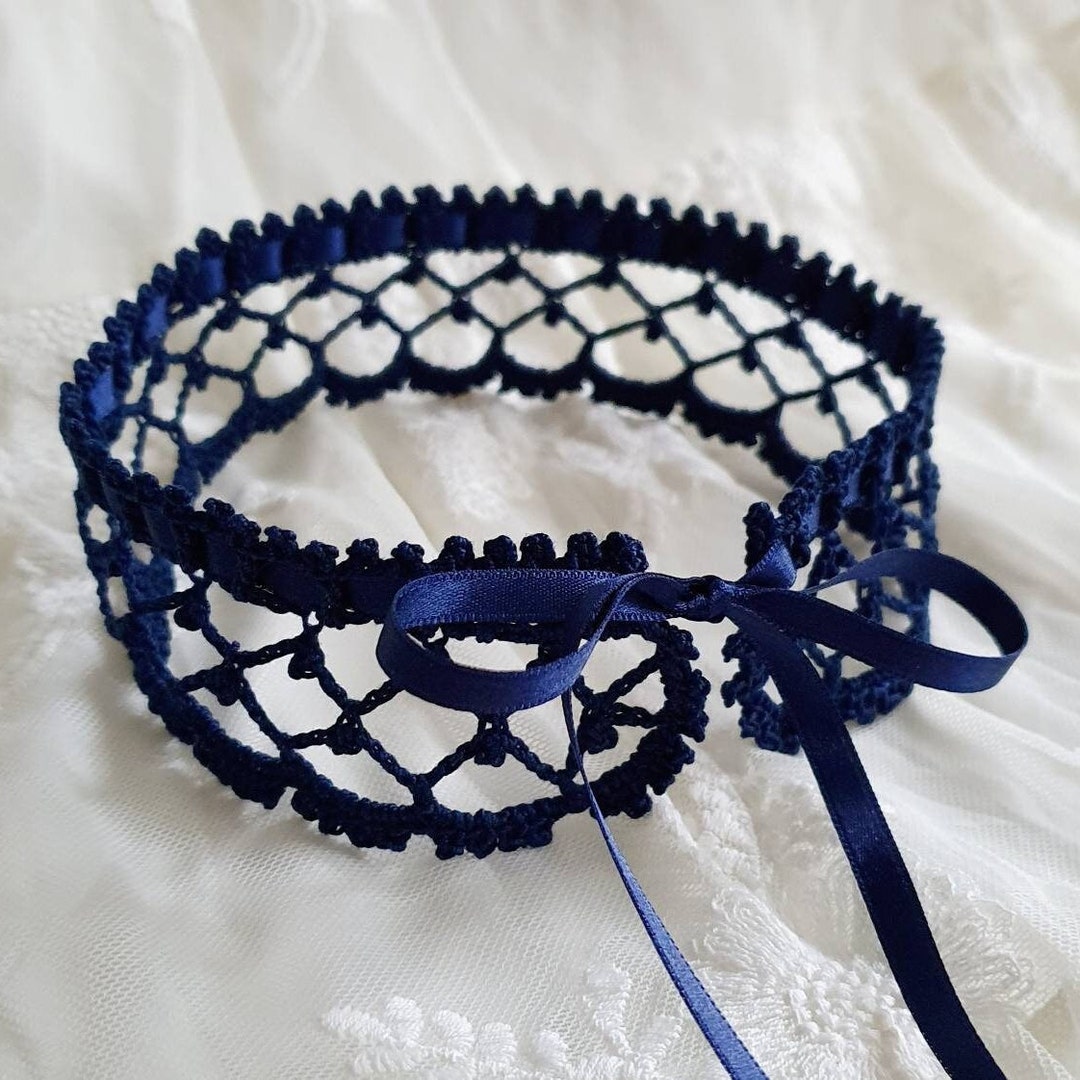Navy Blue Crochet Choker | Handmade Knit Cotton Choker With Satin ...