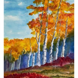 Impresión de acuarela de Aspens de otoño
