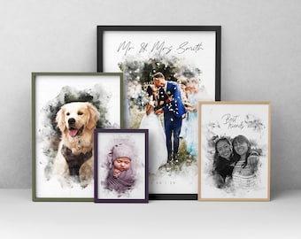 May include: Four framed wall art prints featuring watercolor-style portraits. One shows a golden retriever, one a baby in a wrap, one a wedding couple with the text Mr & Mrs Smith, and one two friends with the text Best Friends, all in varied frames.