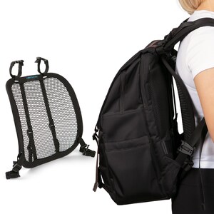 May include: Black backpack with a mesh back panel and adjustable straps. A separate black mesh back support with the text "VENTAPAK" is also visible. The backpack is worn by a person.