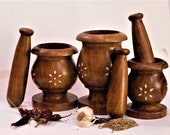 Wooden Carved Mortar and Pestle Grinder for Herbs, Spices and Kitchen Usage, Natural Wood Handmade Mortar and Pestle Set of 3