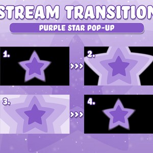 May include: A purple star transitions from a single star to a layered star effect. The image shows four stages of the transition, labeled 1 through 4. The text "STREAM TRANSITION" and "PURPLE STAR POP-UP" is displayed at the top of the image.