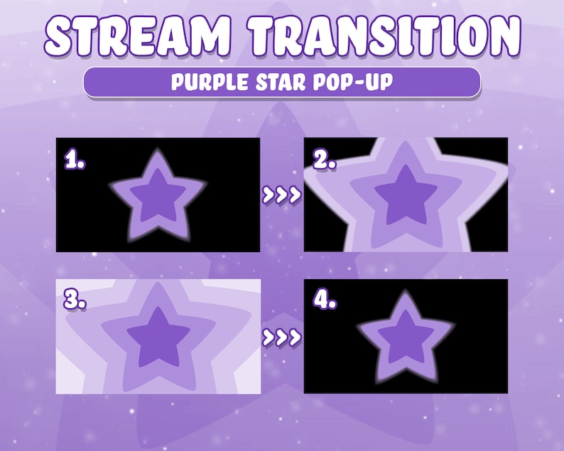 May include: A purple star transitions from a single star to a layered star effect. The image shows four stages of the transition, labeled 1 through 4. The text "STREAM TRANSITION" and "PURPLE STAR POP-UP" is displayed at the top of the image.