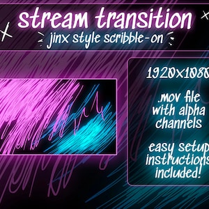 May include: A digital illustration of a pink and blue scribble transition effect for streaming. The image is 1920x1080 pixels and includes a .mov file with alpha channels. Easy setup instructions are included.