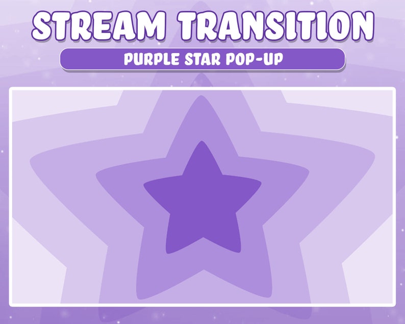 May include: Purple star shaped animation transition effect for streaming. The effect features a series of concentric stars, with the innermost star being the most prominent.