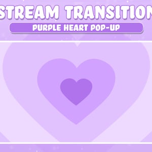 May include: Purple heart pop-up transition animation for streaming. The animation features a series of concentric hearts, with the smallest heart in the center, expanding outwards.