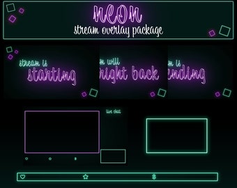 May include: Neon pink and green stream overlay package with text that says "stream is starting", "I'm will right back", and "I'm is ending".