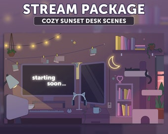 Animated Cozy Sunset Desk Twitch Overlay Package (Digital Download)