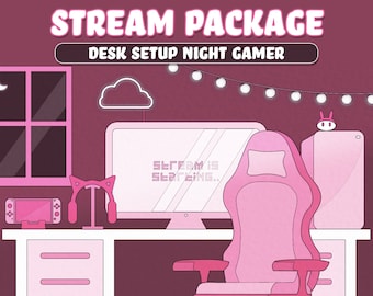 Animated Pink Twitch Stream Overlay Package: Night Gamer (Digital Download)