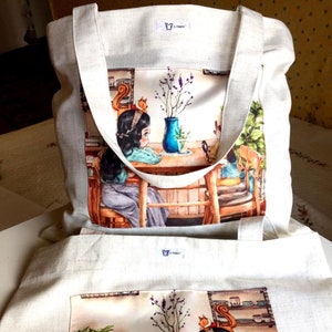 Canvas  Eco Beach Bag. Reusable Cotton Bag with silk picture. Cute gift for twins. Gift to yourself. The best gift for sister