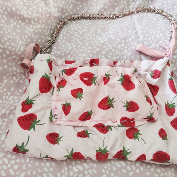 Strawberry Kawaii upcycled pink two pocket fabric cute purse