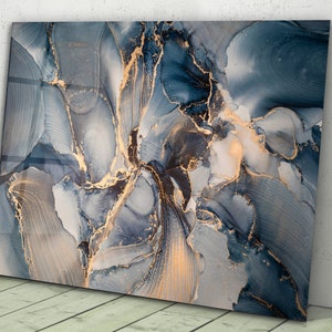 Blue Gray Abstract Fluid Marble Tempered Glass Wall Art