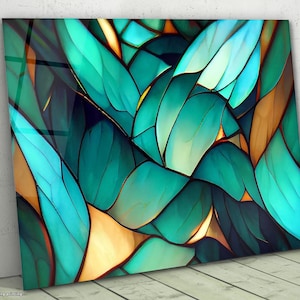 Large Glass Wall Art-Tempered Glass Art-Panoramic Wall Art-Art Deco Panel-Fractal Glass Art-Turquoise Wall Art-Stained Wall Art