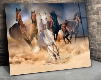 Running Horses Glass Wall Art, Desert Running Horses, Glass Wall Art Decor, Herd of Horses Wall Art Gift