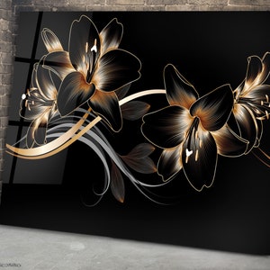 Floral Tempered Glass Wall Art: Black & Gold Flower Print