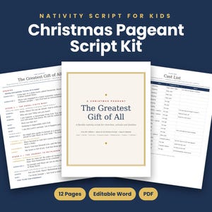 Può includere: Un kit di copioni per recite natalizie per bambini con una pagina di copertina intitolata The Greatest Gift of All, affiancata da una pagina di copione e una lista del cast. Include 12 pagine in formato Word modificabile e PDF.