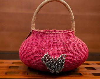 Pink basket, Valentines Gif for her, woven pot basket, African basket, colorful woven basket, home decor basket, storage basket