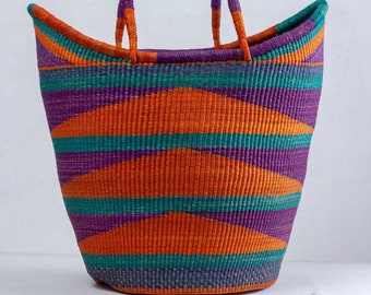 African basket, Woven Bolga basket, farmers shopping basket, picnic basket, decorative basket, colorful  basket,