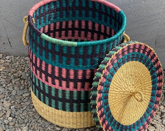 Woven hamper, African woven basket, laundry basket, storage basket, Bolga basket, Natural woven basket,