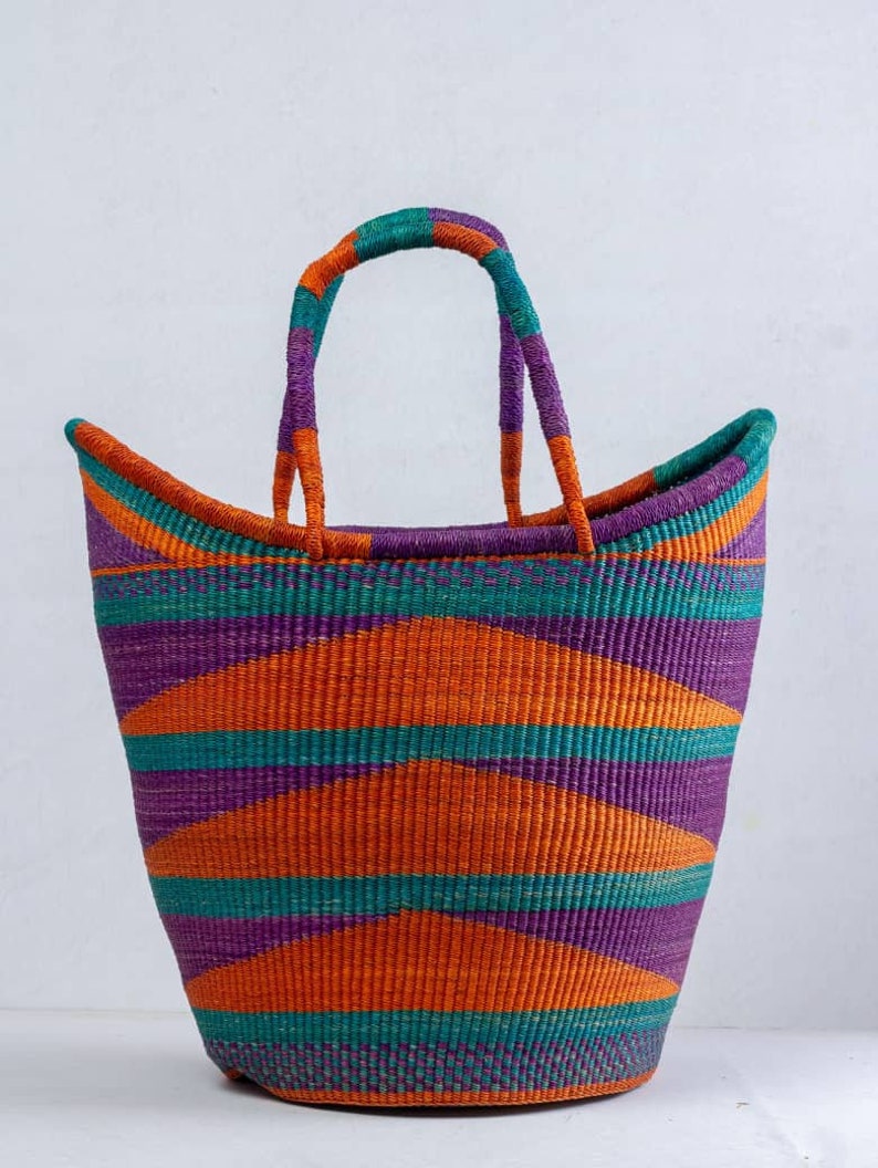 African basket, Woven Bolga basket, farmers shopping basket, picnic basket, decorative basket, colorful basket, image 1