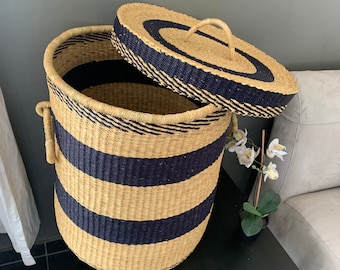 Woven laundry basket, Laundry basket with lid, Bolga basket, Home decor basket, Africa storage basket,