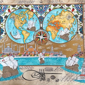 Handgemaakt Ottomaans miniatuurschilderij / Iznik-tegelpatroon met kaart Istanbul en wereldbol