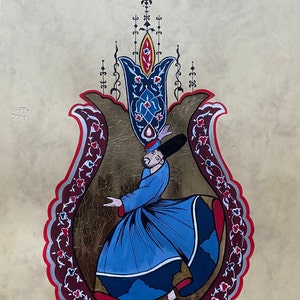 Handmade Whirling Dervish Art on Gold leaf , sufi mystic art, Dervish painting, , Wall Decor, Sufi Wall Art
