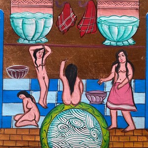 Miniatura otomana hecha a mano: Escena de un baño público (hammam) para mujeres