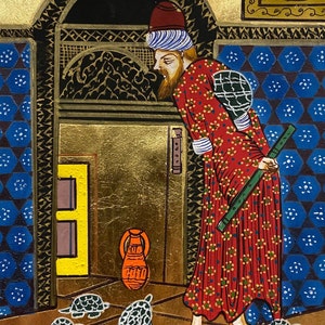 May include: A man in a red and gold robe with a turban stands in a room with a gold door. He is holding a green staff and looking at a group of five small turtles on the floor. The room has a blue and gold tiled floor and a gold vase.
