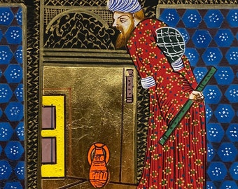 Handmade Turkish/Ottoman Miniature Painting on Islamic Manuscript Paper -The Tortoise Trainer