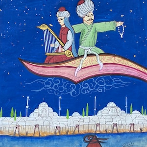 Handmade Ottoman Miniature Painting / Scheherazade and Shahryar on the flying carpet (Arabian Nights Tales)