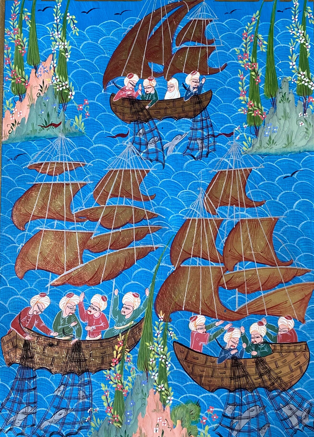 Handmade Ottoman Miniature Painting / Fishing