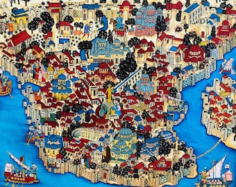 Handmade Ottoman Miniature Painting /Map of Byzantine Constantinople